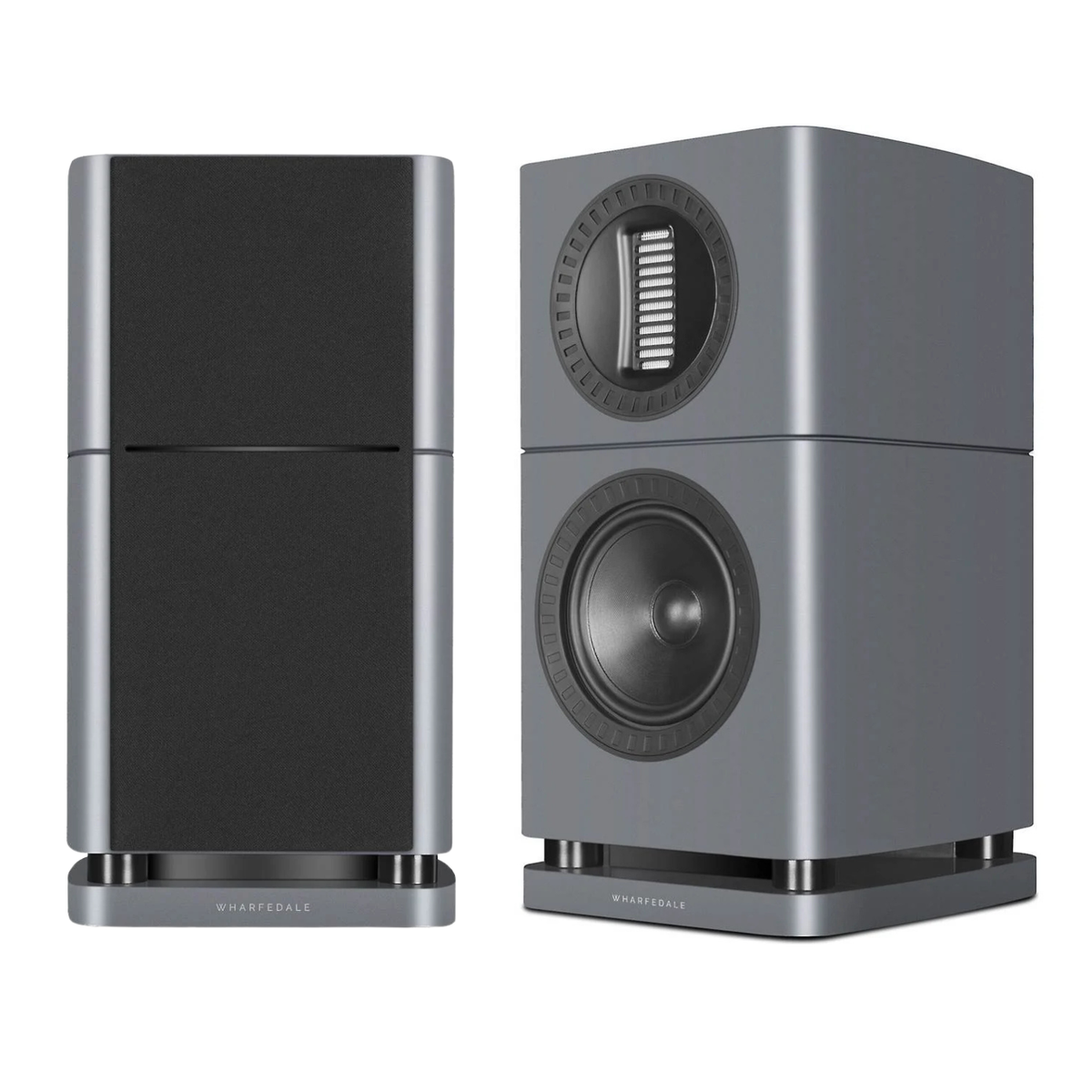 Pair of lunar grey Wharfedale Elysian 1R Bookshelf Speakers on a white background