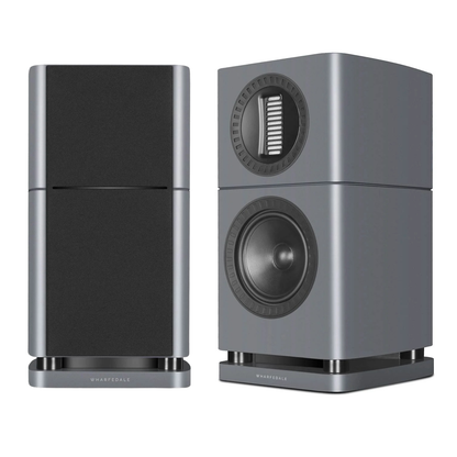 Pair of lunar grey Wharfedale Elysian 1R Bookshelf Speakers on a white background