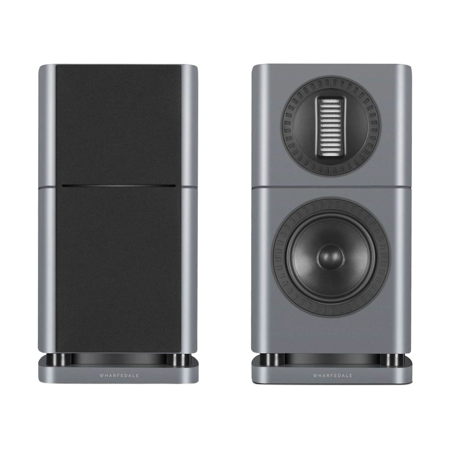 Front view of 2 lunar grey Wharfedale Elysian 1R Bookshelf Speakers