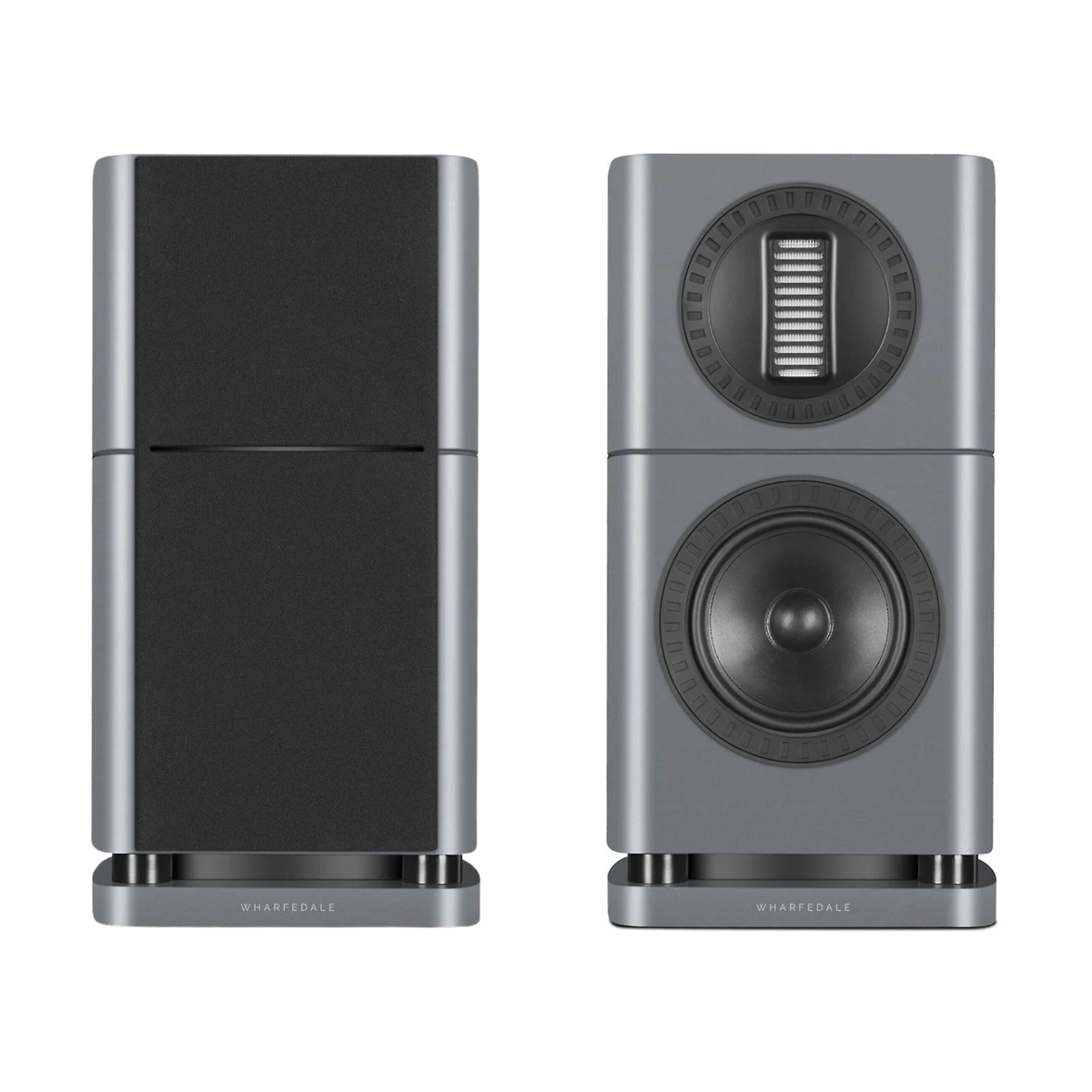 Front view of 2 lunar grey Wharfedale Elysian 1R Bookshelf Speakers