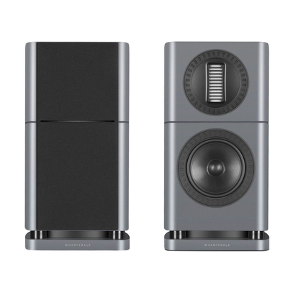 Front view of 2 lunar grey Wharfedale Elysian 1R Bookshelf Speakers