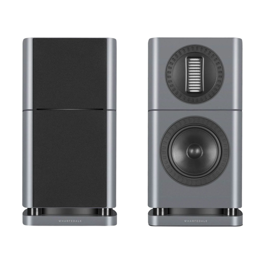 Front view of 2 lunar grey Wharfedale Elysian 1R Bookshelf Speakers