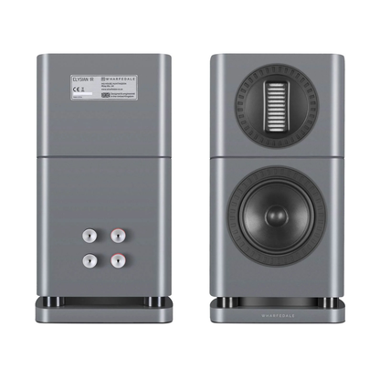 Front and rear view of lunar grey Wharfedale Elysian 1R Bookshelf Speakers on a white background