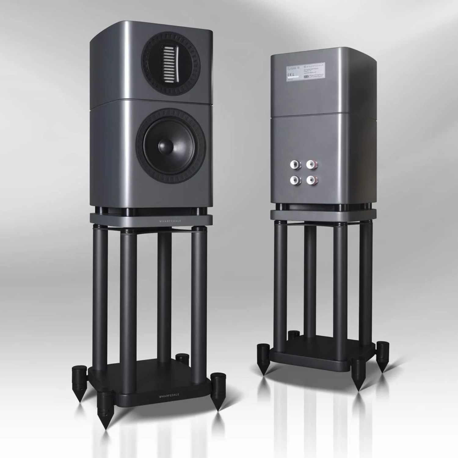 Wharfedale Elysian 1R Bookshelf Speakers in lunar grey on stands