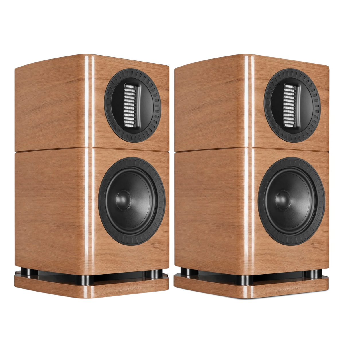 Front angle view of walnut Wharfedale Elysian 1R Bookshelf Speakers