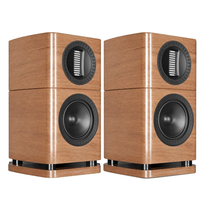 Front angle view of walnut Wharfedale Elysian 1R Bookshelf Speakers