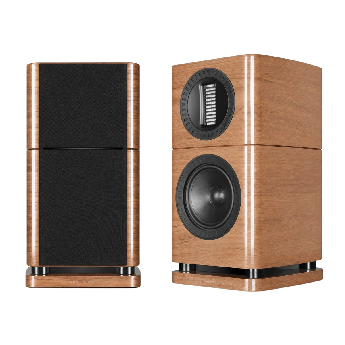 Pair of walnut Wharfedale Elysian 1R Bookshelf Speakers on a white background