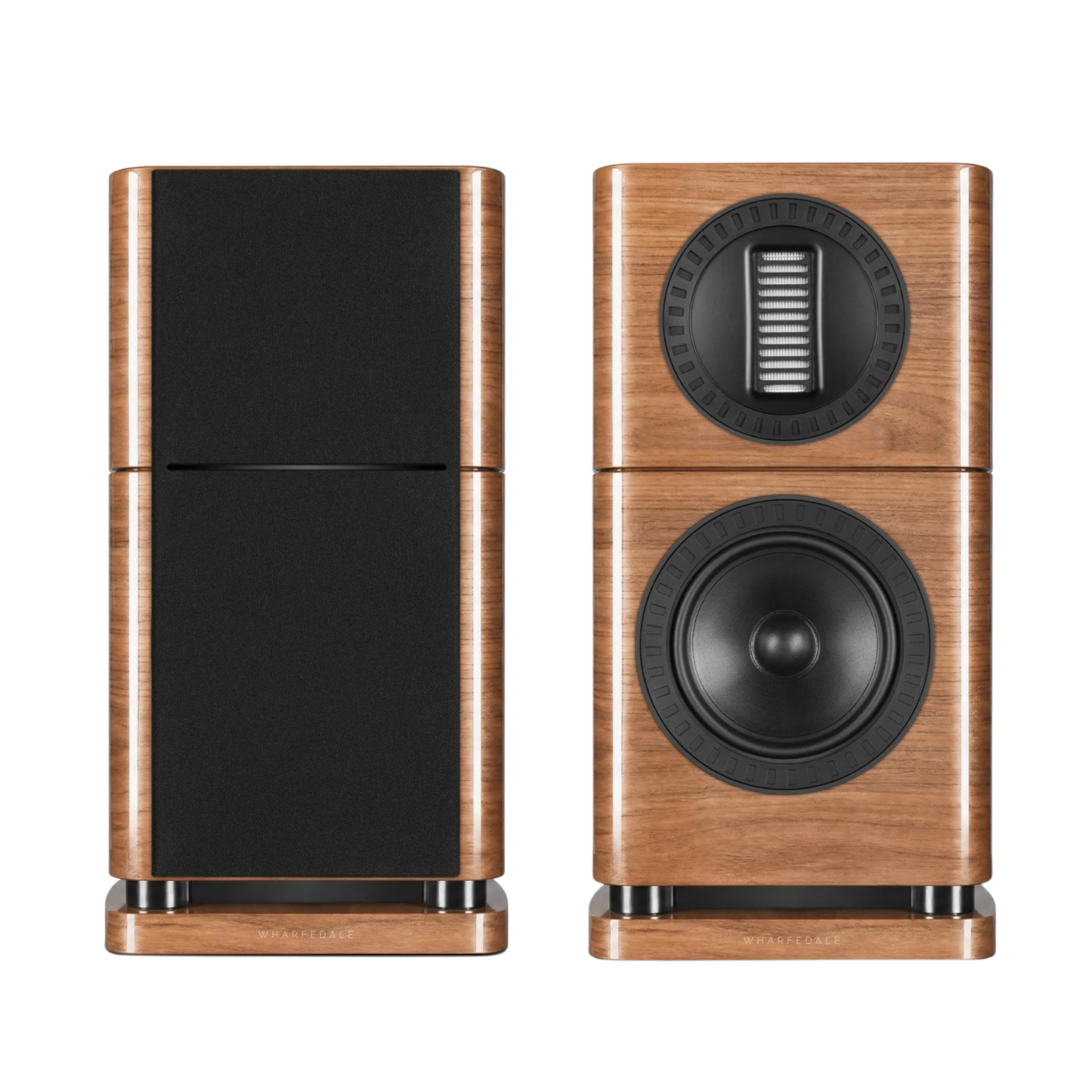 Front view of walnut Wharfedale Elysian 1R Bookshelf Speakers on a white background