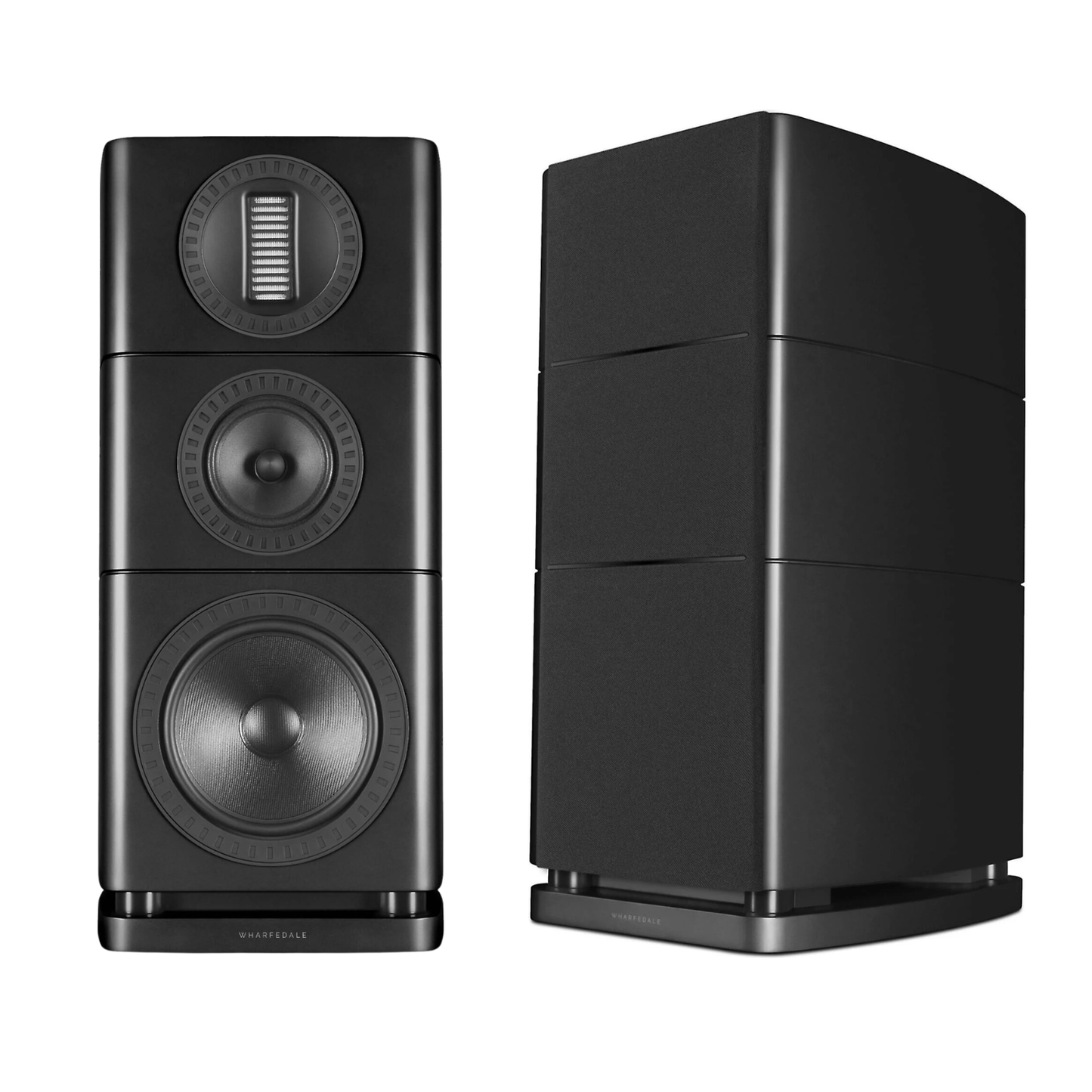 Pair of black Wharfedale Elysian 2R Bookshelf Speakers on a white background