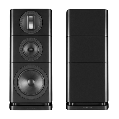 Front view of Wharfedale Elysian 2R Bookshelf Speakers in black one with grille on and one with grille off