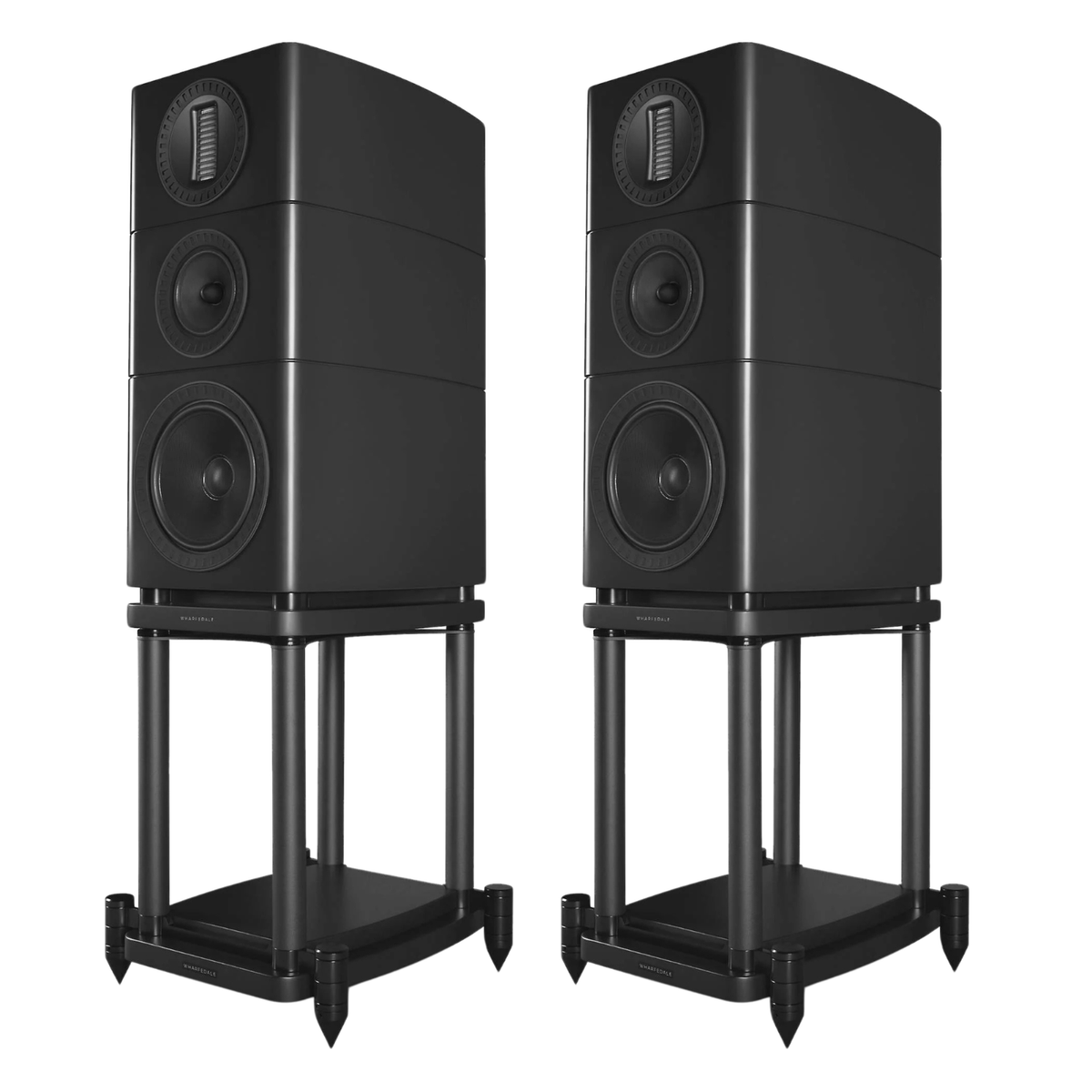 2 black Wharfedale Elysian 2R Bookshelf Speakers on speaker stands