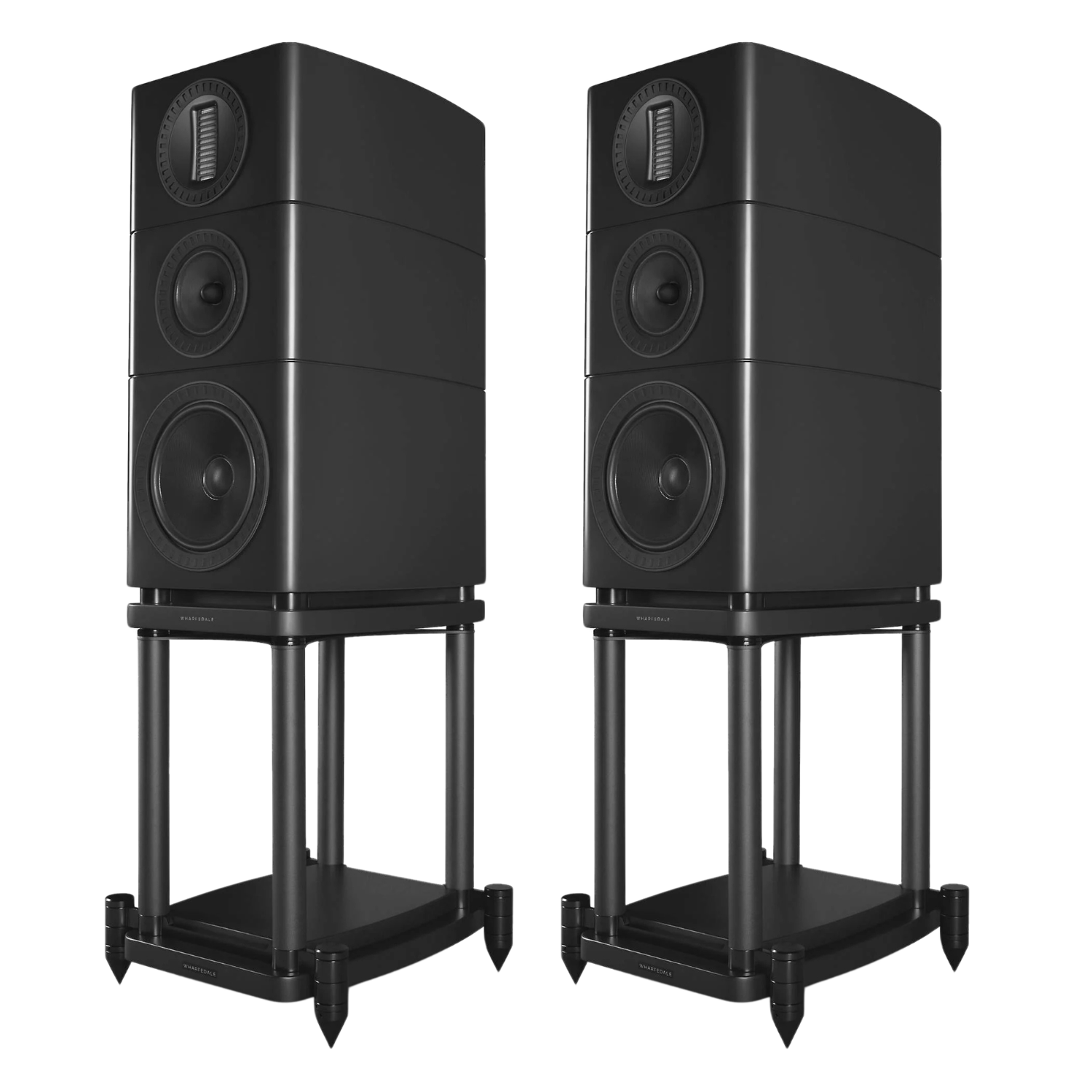 2 black Wharfedale Elysian 2R Bookshelf Speakers on speaker stands