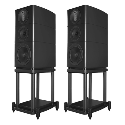 2 black Wharfedale Elysian 2R Bookshelf Speakers on speaker stands