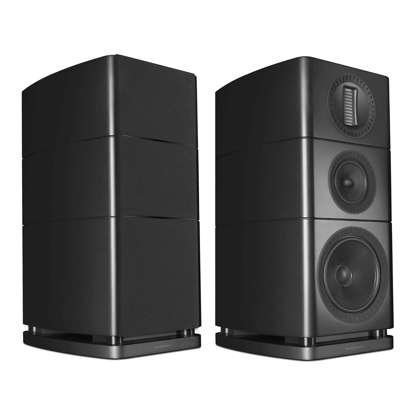 Angle view of black Wharfedale Elysian 2R Bookshelf Speakers on a white background
