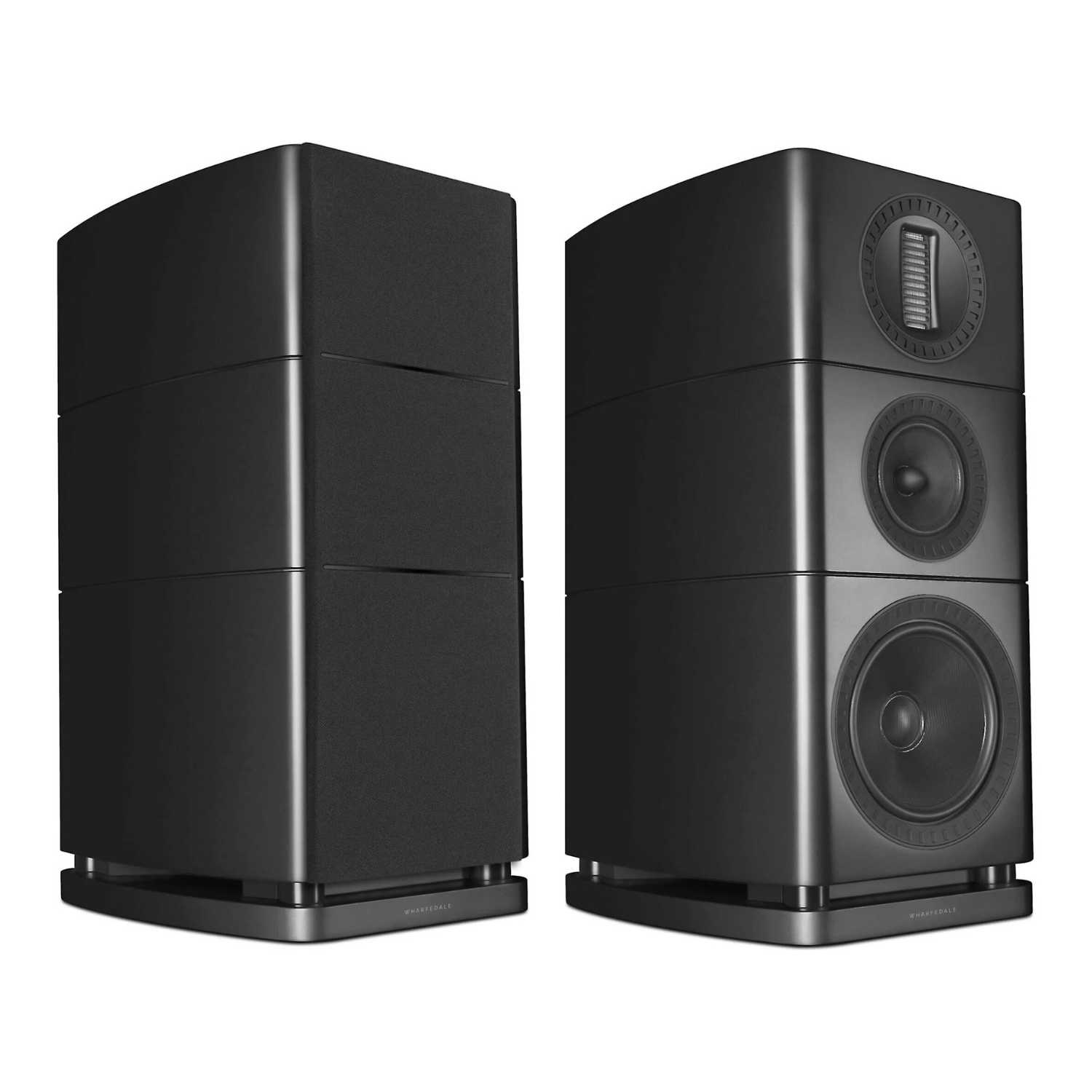 Angle view of black Wharfedale Elysian 2R Bookshelf Speakers on a white background