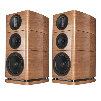 Angle view of piano walnut Wharfedale Elysian 2R Bookshelf Speakers on a white background