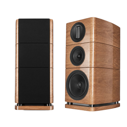 Pair of piano walnut Wharfedale Elysian 2R Bookshelf Speakers on a white background