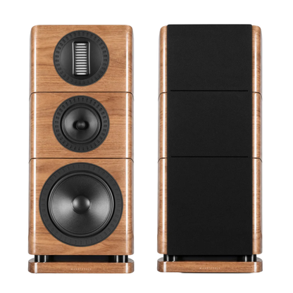 Front view of Wharfedale Elysian 2R Bookshelf Speakers shown with grille on and off