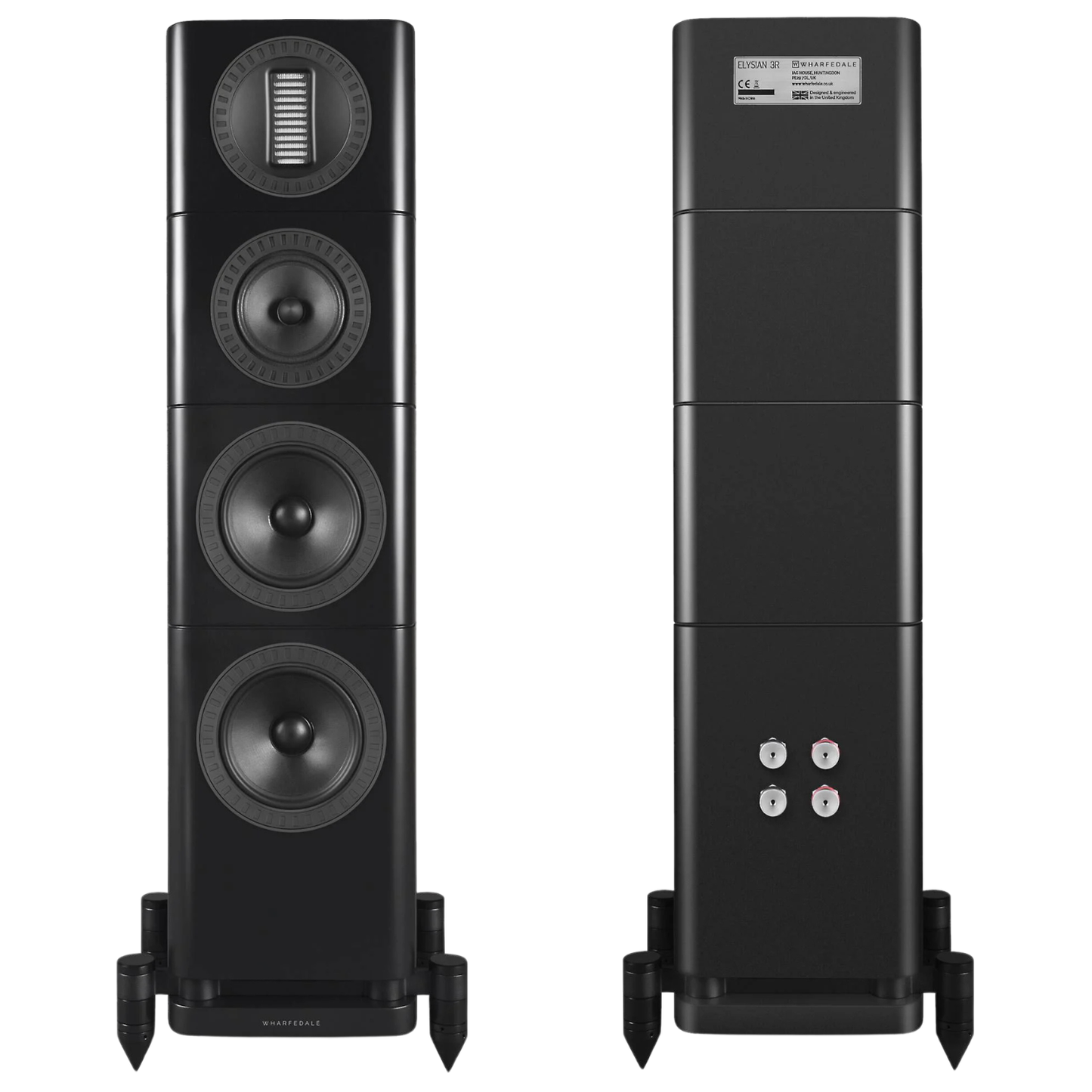 A pair of black floorstanding speakers shown from the front and side angles against a solid white background.