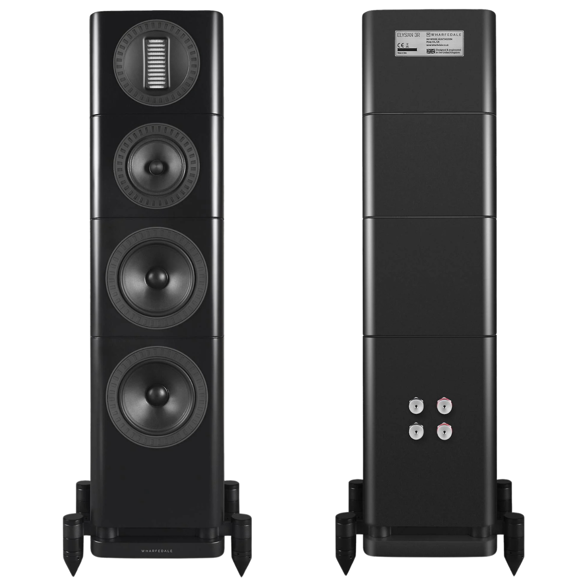 A pair of black floorstanding speakers shown from the front and side angles against a solid white background.