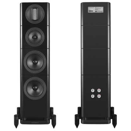 A pair of black floorstanding speakers shown from the front and side angles against a solid white background.