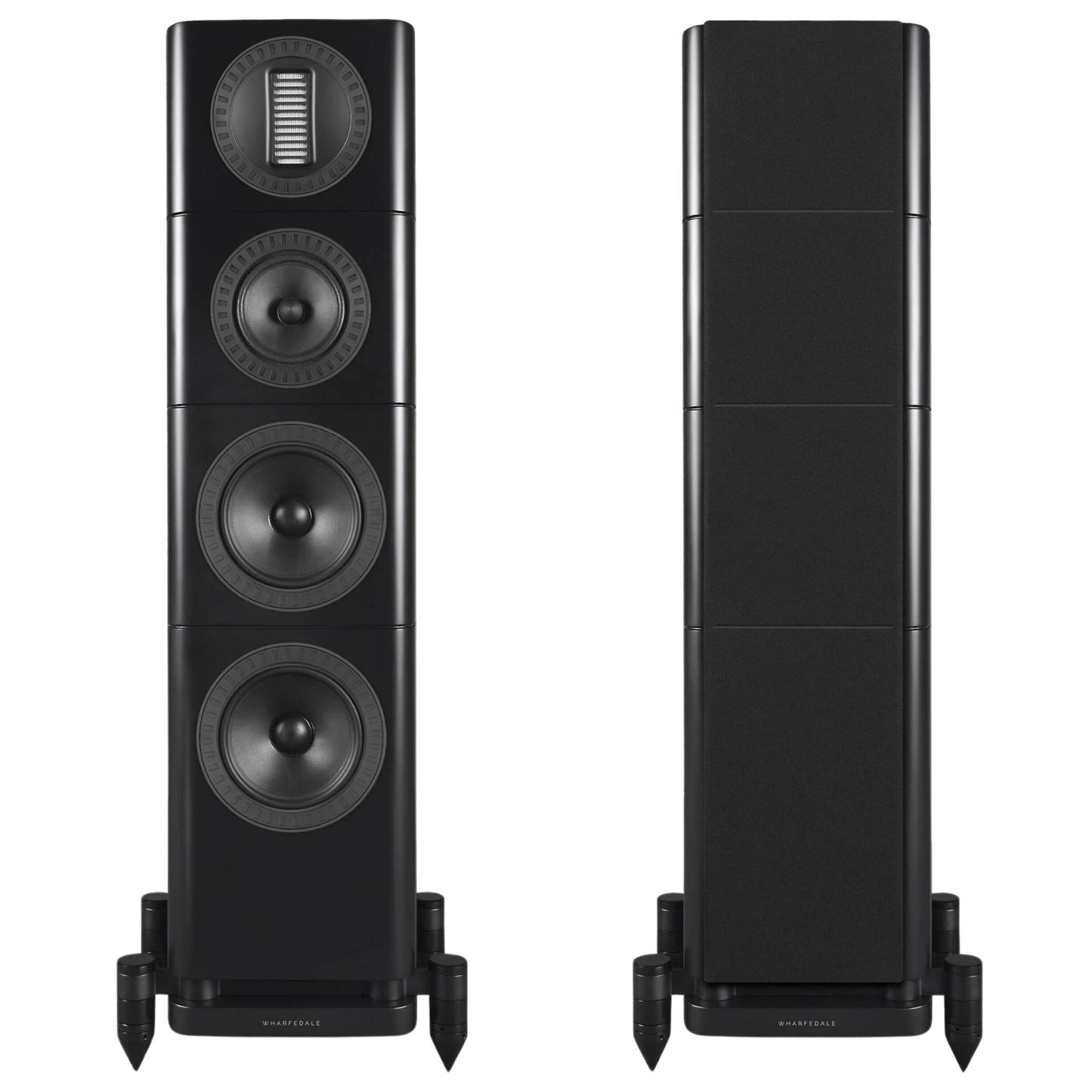 Front view of black Wharfedale Elysian 3R Floorstanding Speakers shown with grille and one without