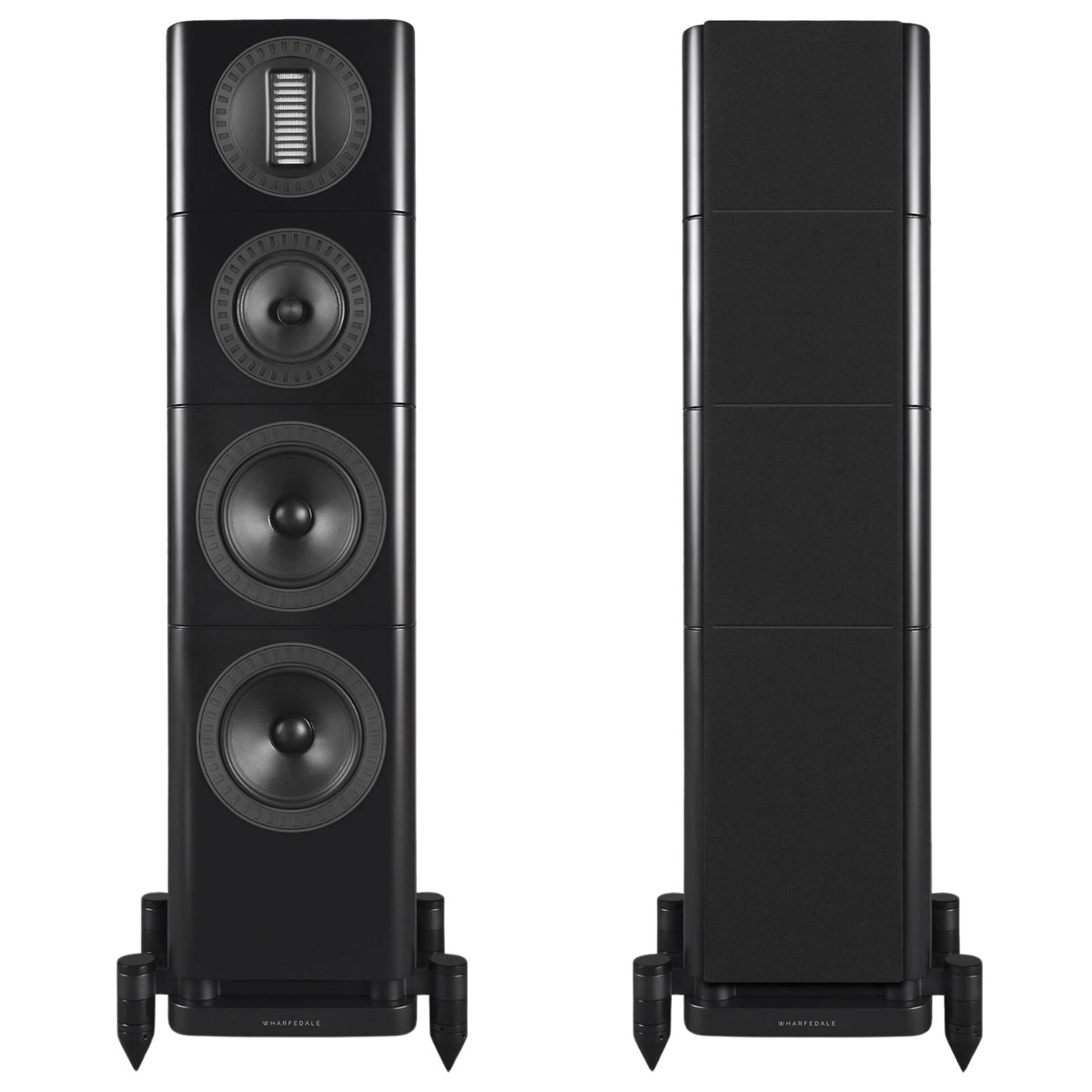 Front view of black Wharfedale Elysian 3R Floorstanding Speakers shown with grille and one without