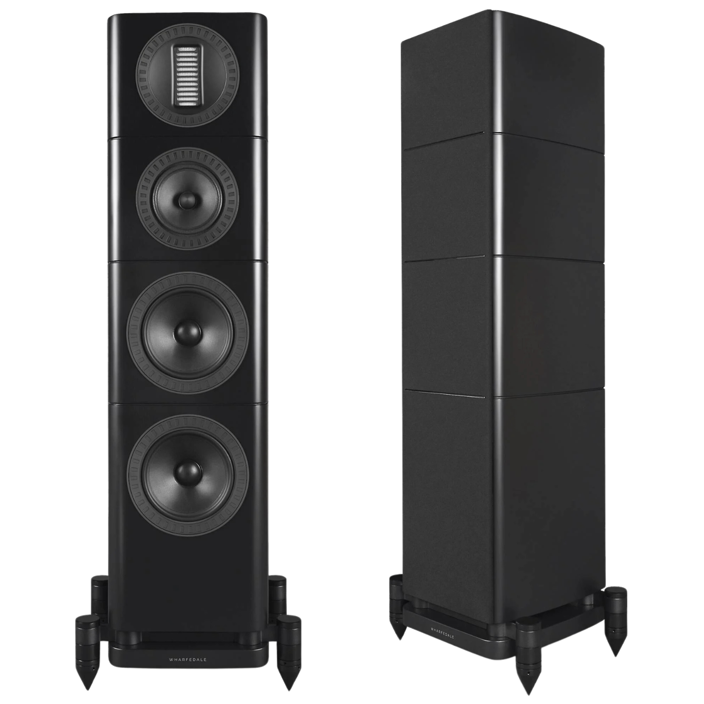 A pair of black floorstanding speakers shown on a plain white background, with one speaker facing forward to display its four driver cones and the other shown from the side to display its multi-tiered cabinet design.