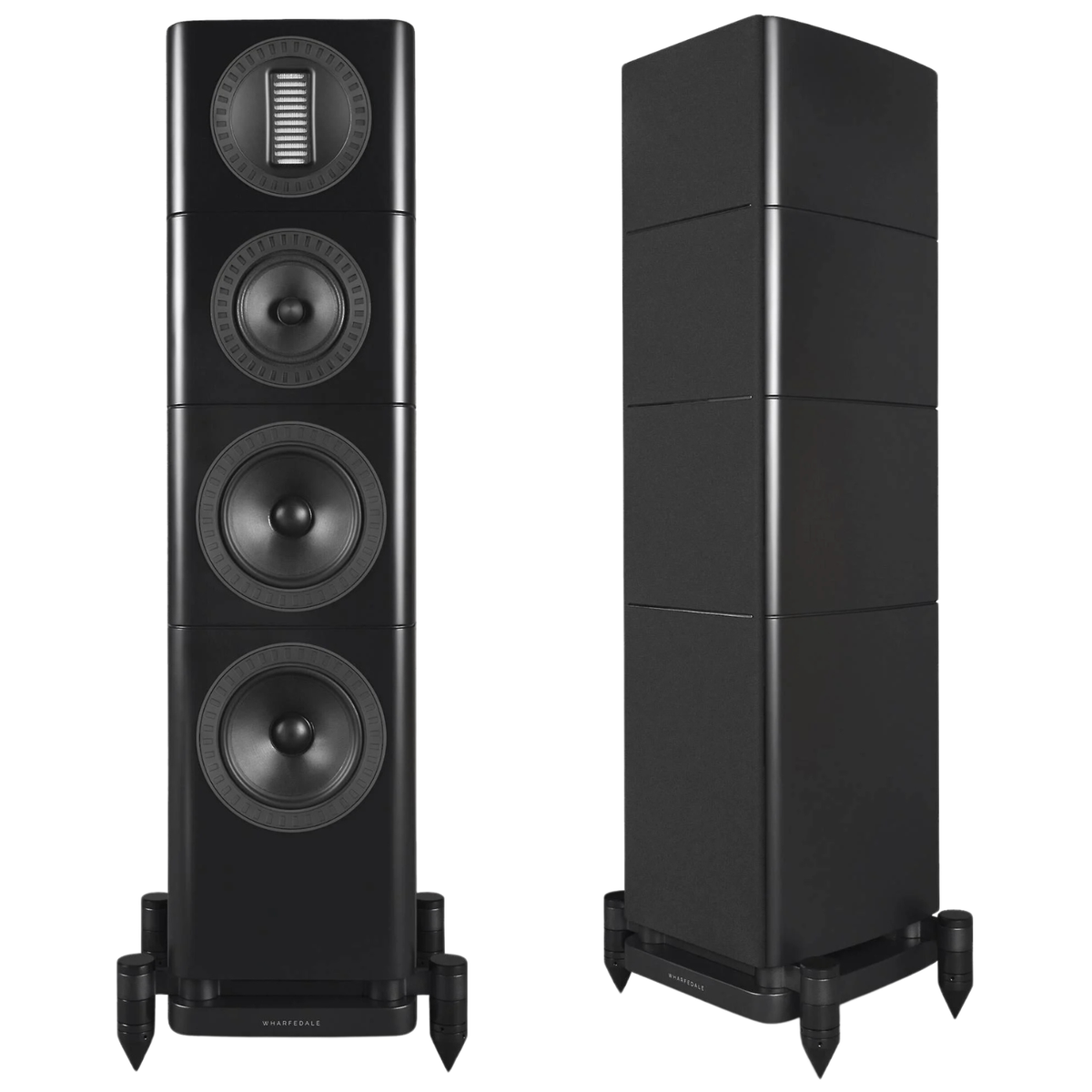 A pair of black floorstanding speakers shown on a plain white background, with one speaker facing forward to display its four driver cones and the other shown from the side to display its multi-tiered cabinet design.