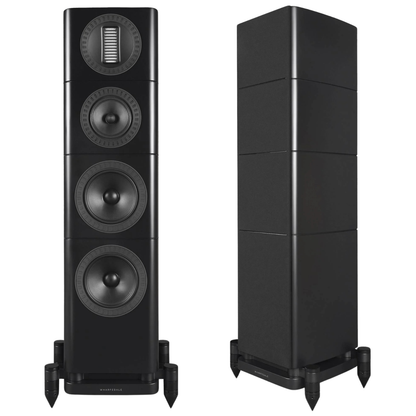 A pair of black floorstanding speakers shown on a plain white background, with one speaker facing forward to display its four driver cones and the other shown from the side to display its multi-tiered cabinet design.