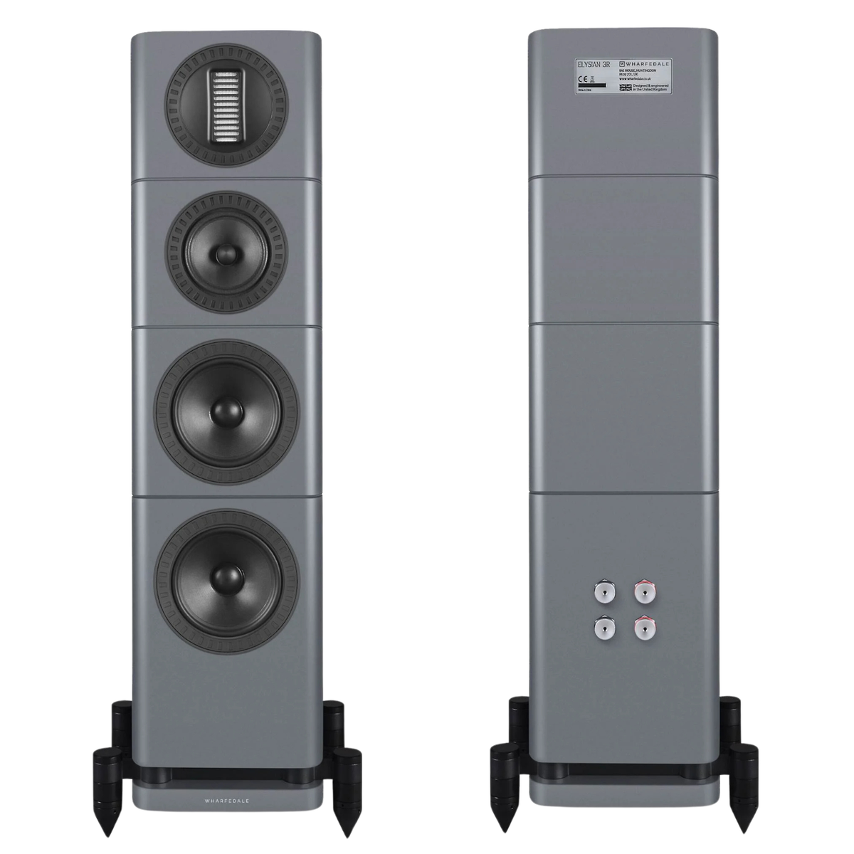 A pair of tall, floor-standing tower speakers shown from the front and back against a plain white background. The speakers feature a metallic gray finish with black and dark gray driver components and stand on black feet.