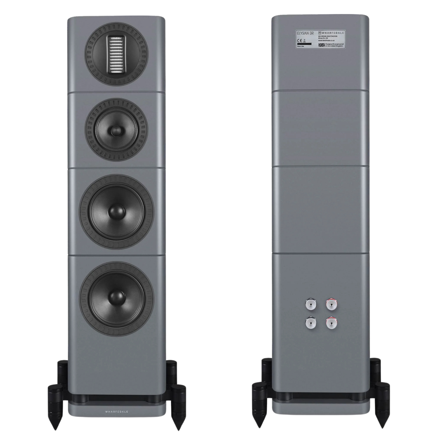 A pair of tall, floor-standing tower speakers shown from the front and back against a plain white background. The speakers feature a metallic gray finish with black and dark gray driver components and stand on black feet.