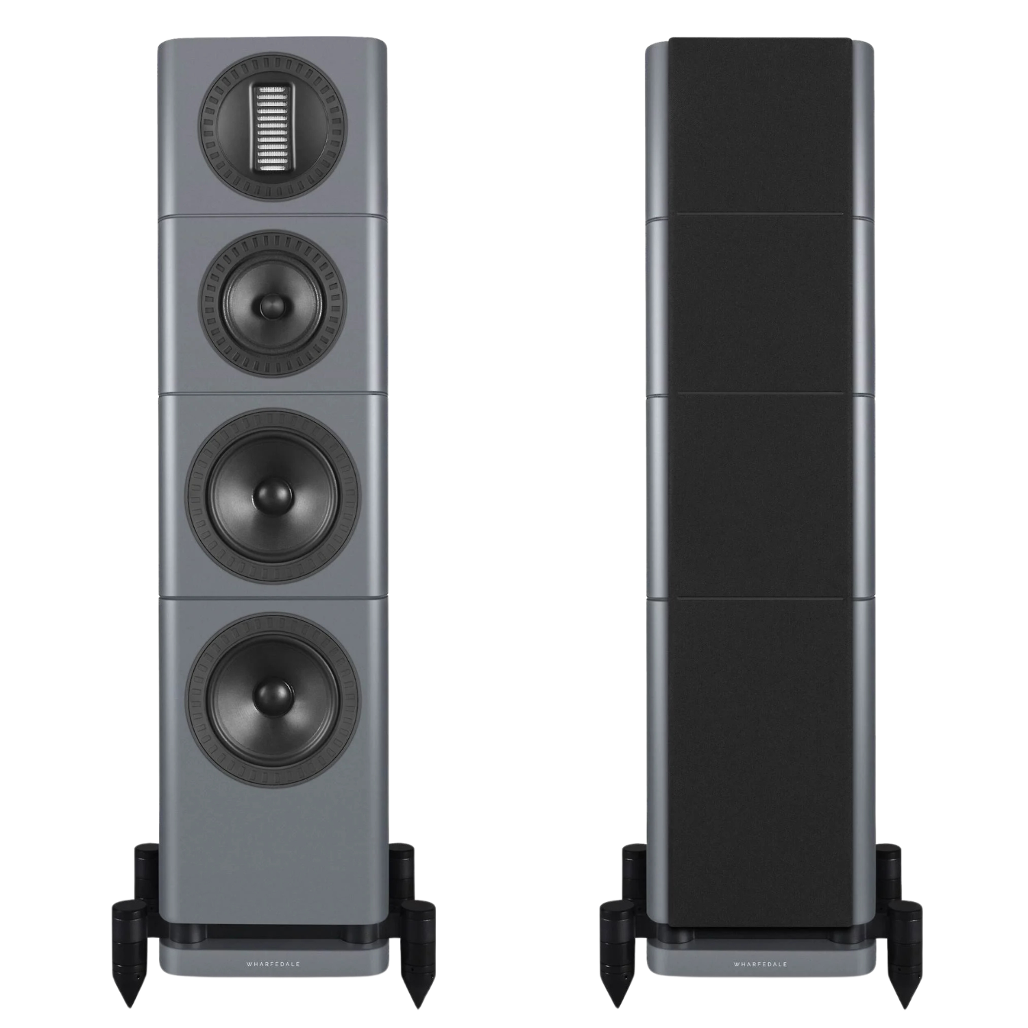 A pair of tall floorstanding speakers shown side by side against a white background. The left speaker displays its front face with four drivers in a brushed silver-gray finish, while the right speaker shows its side profile in matte black.
