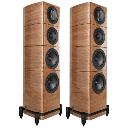 Two matching floorstanding speakers with a glossy wood-grain finish and black speaker drivers, shown on a plain white background.