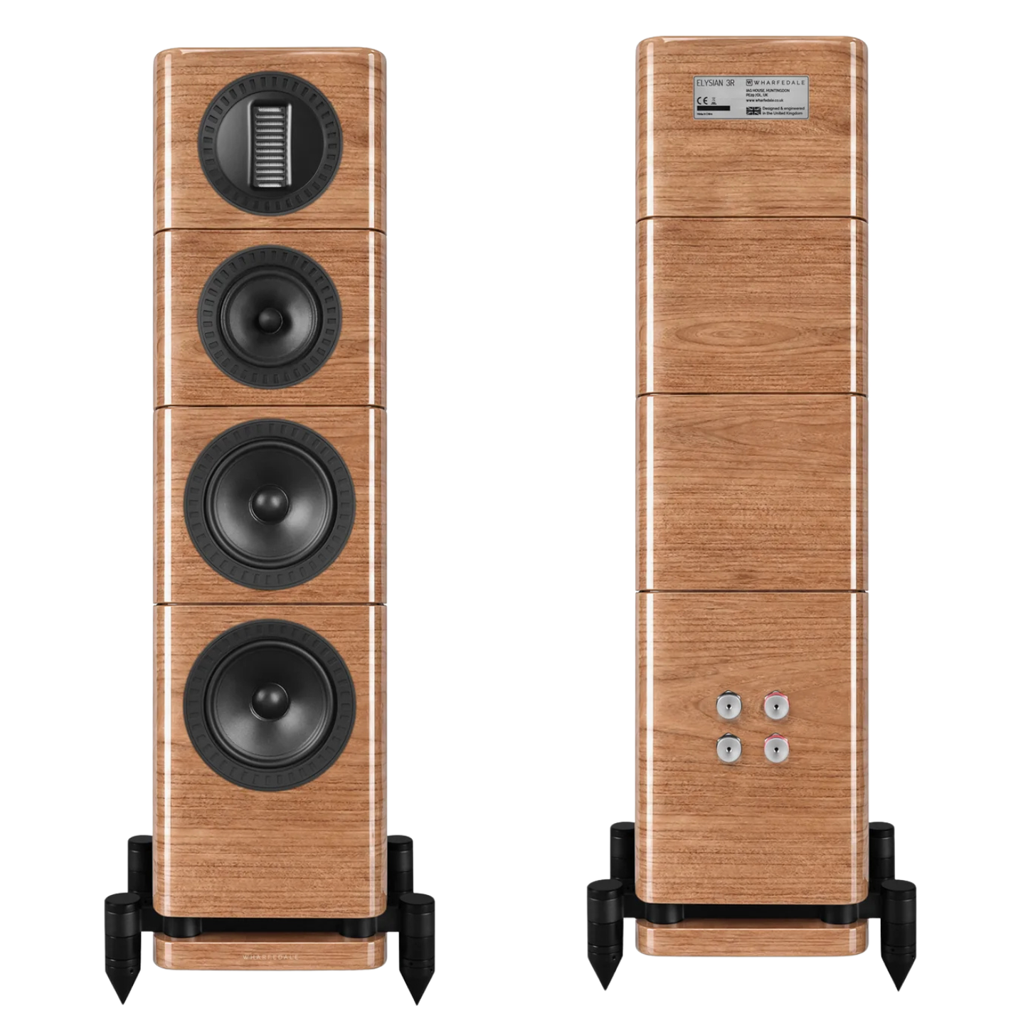 A pair of floorstanding speakers with a light brown wood grain finish and black speaker cones, shown from both the front and back angles on a white background.
