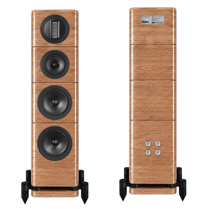 A pair of floorstanding speakers with a light brown wood grain finish and black speaker cones, shown from both the front and back angles on a white background.