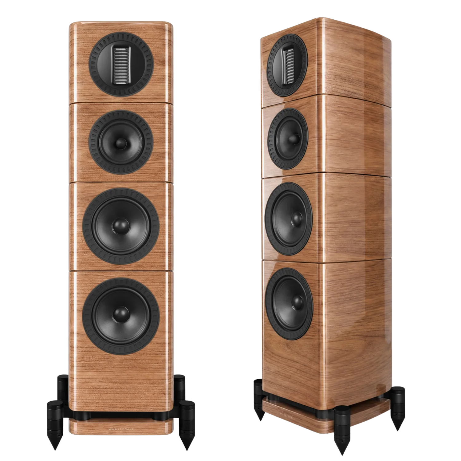 Two matching floorstanding speakers with a glossy light brown wood-grain finish and black drivers, shown from the front and three-quarter angles on a white background.