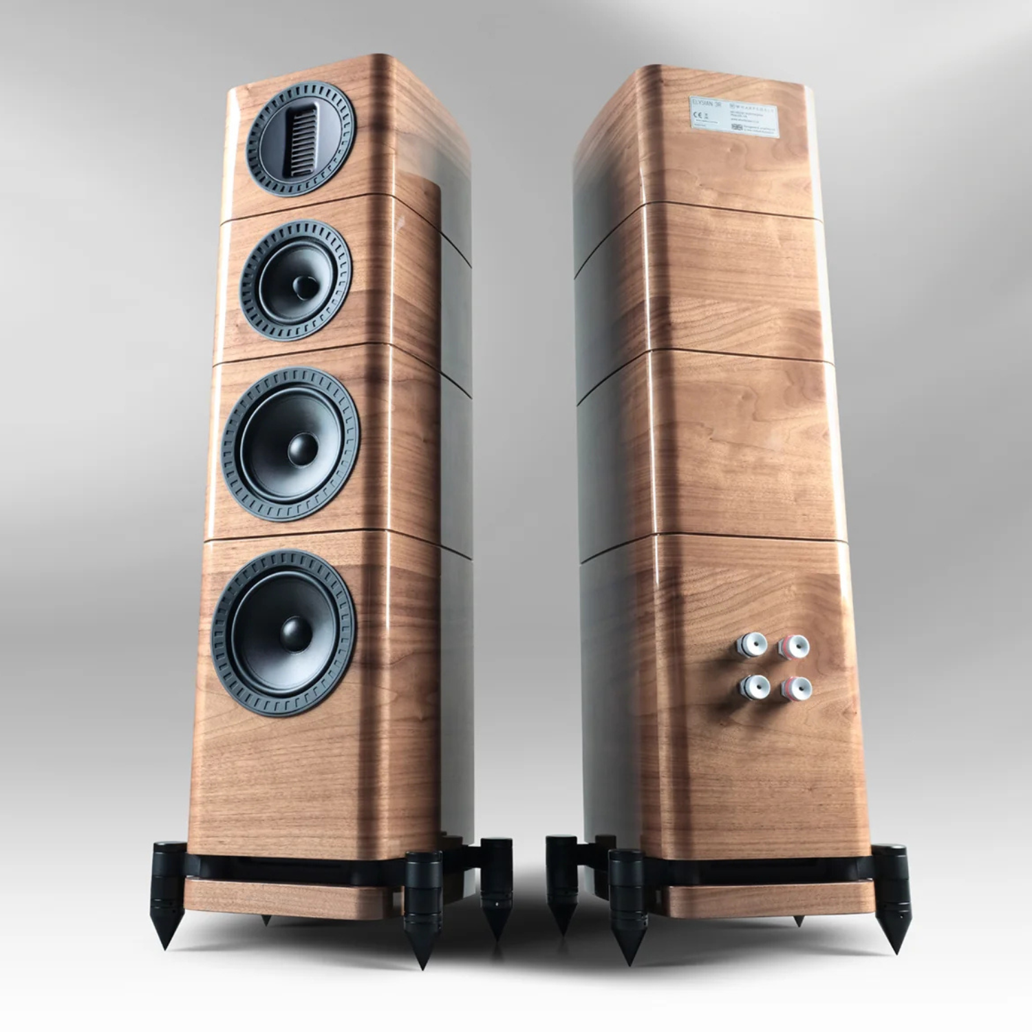 Two tall floorstanding speakers with a natural wood grain finish and black speaker cones, shown from front and back angles on a gray gradient background.