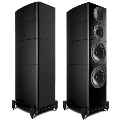 Two black floorstanding speakers on black feet, shown against a solid white background. One speaker is shown from the side, and the other is shown from the front to display the three driver configurations.