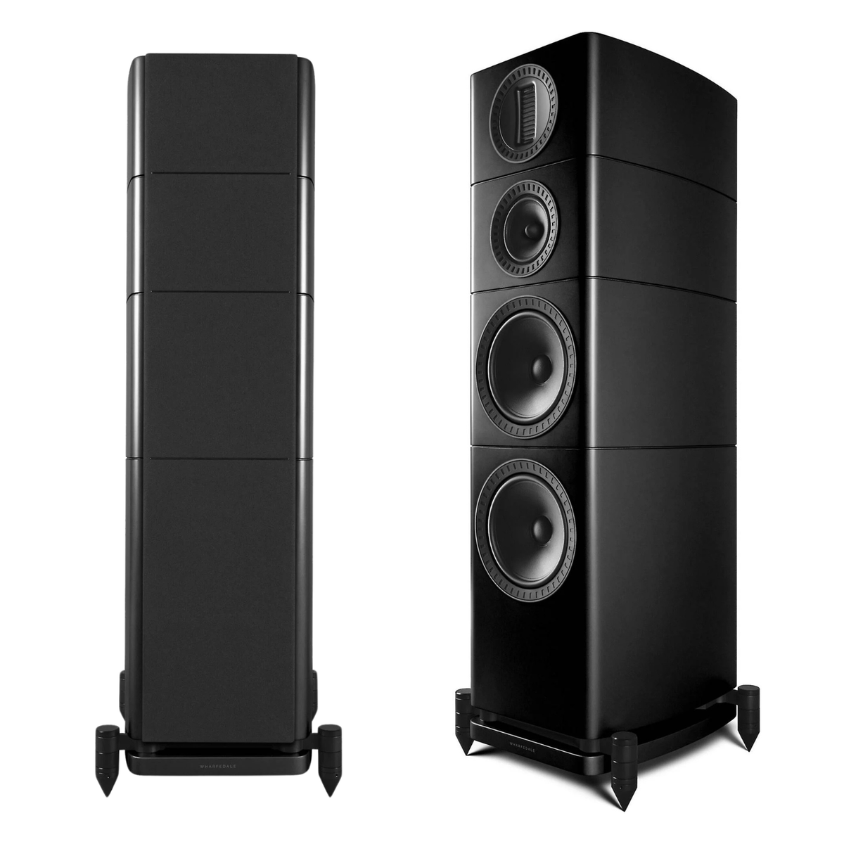 Two black floorstanding speakers shown on a white background, one from the side and one from the front three-quarter angle.