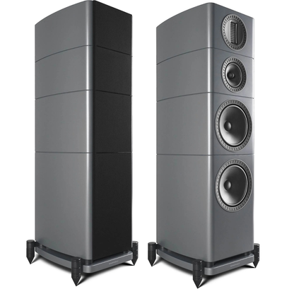 Two grey tower speakers shown side by side on a white background, one showing the rear panel and the other showing the front panel with three driver cones and a top grille.
