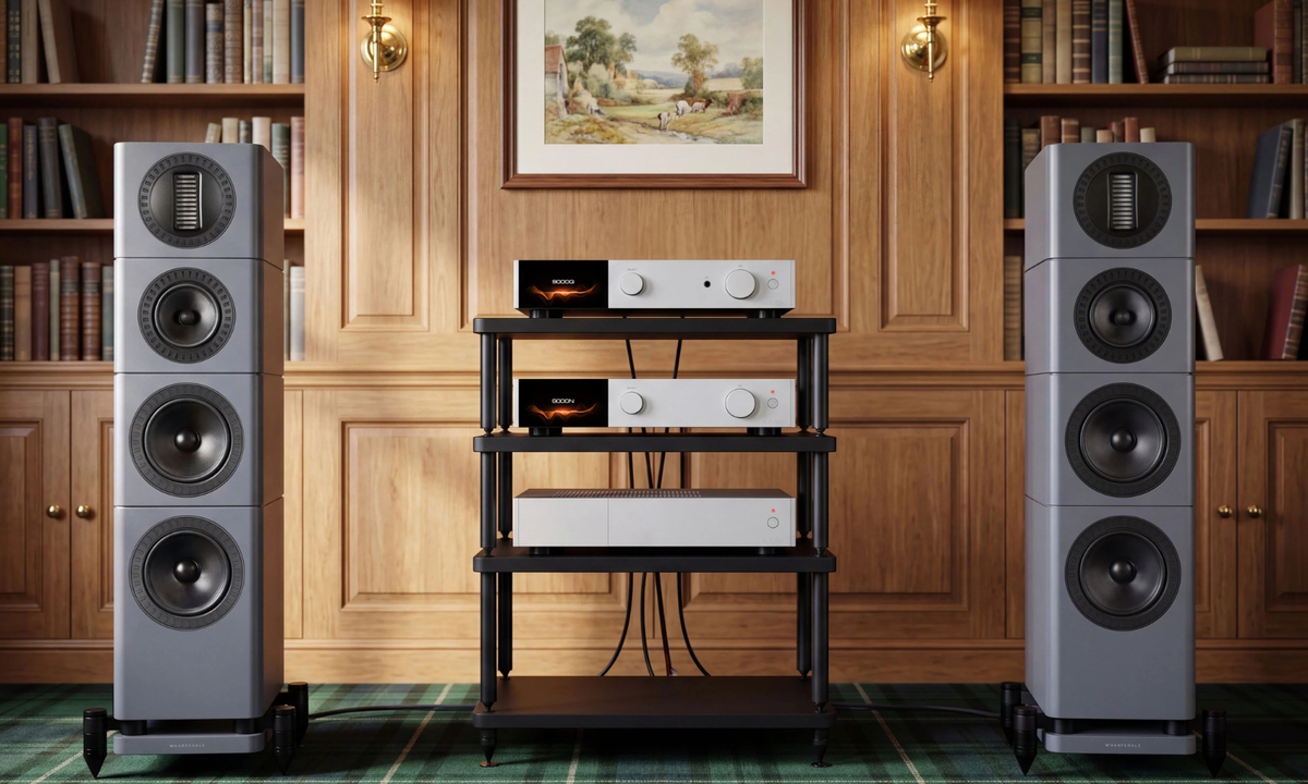 A pair of tall floorstanding speakers flanking a black multi-tier audio media console in a wood-paneled room with bookshelves.