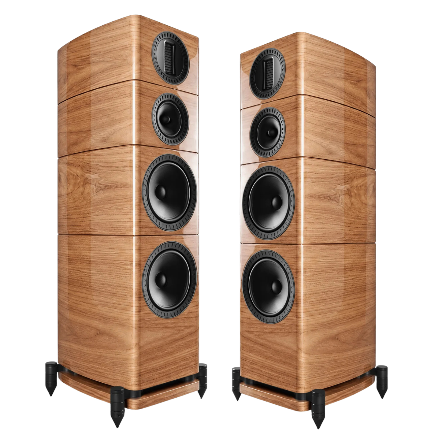 Two tall floorstanding speakers with a glossy wood grain finish and black drivers, shown on a plain white background.