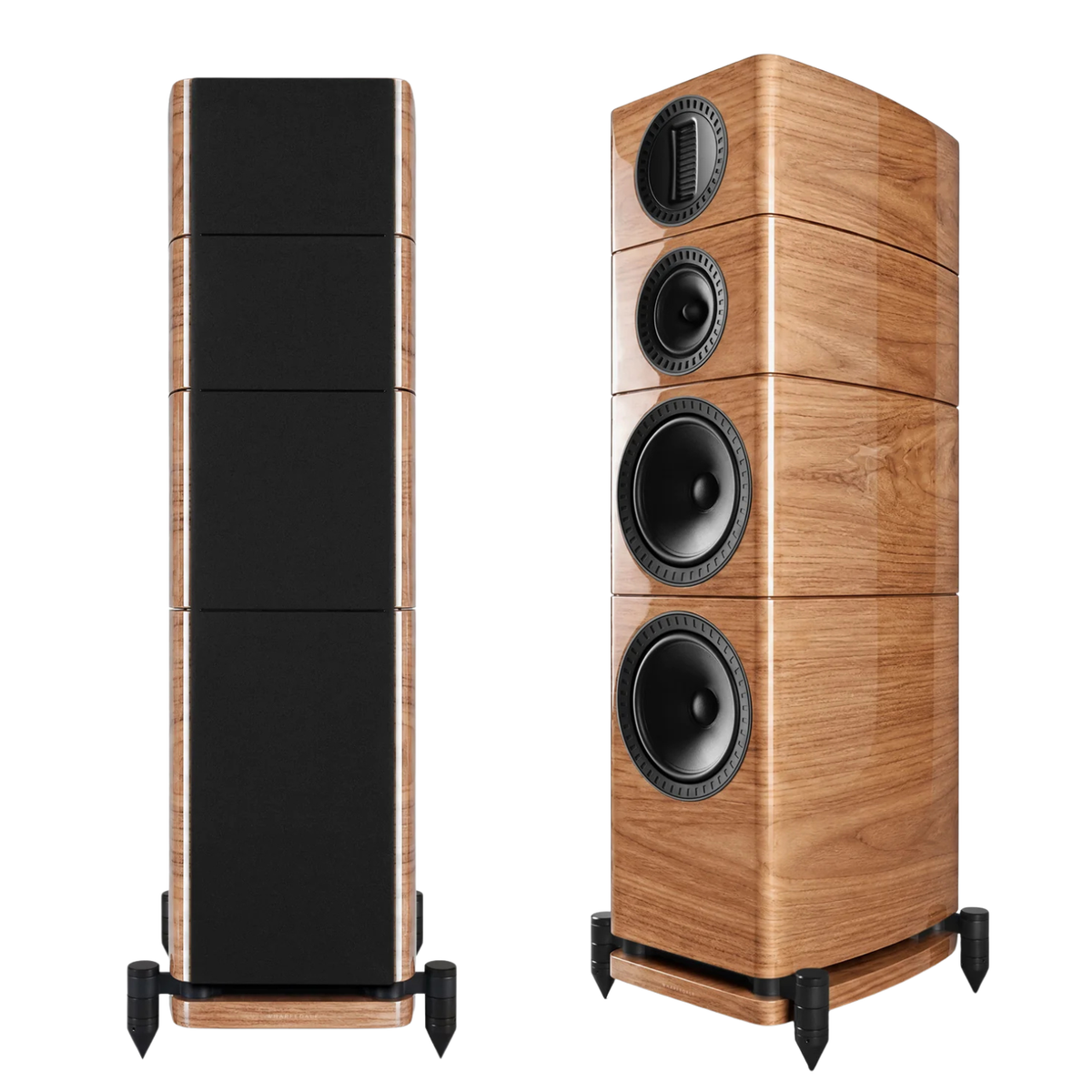 Two floorstanding speakers shown on a white background, one displaying the black front baffle and wood-grain side panels, and the other showing the wood-grain front with black drivers and grille.