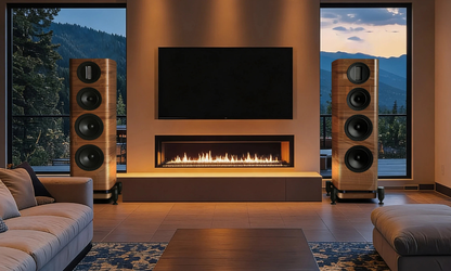 A modern living room setup featuring a linear fireplace centered on a beige wall, with a large black TV mounted above it. Two tall wood-finish floor speakers stand on either side, and large windows behind show a mountain landscape at dusk.