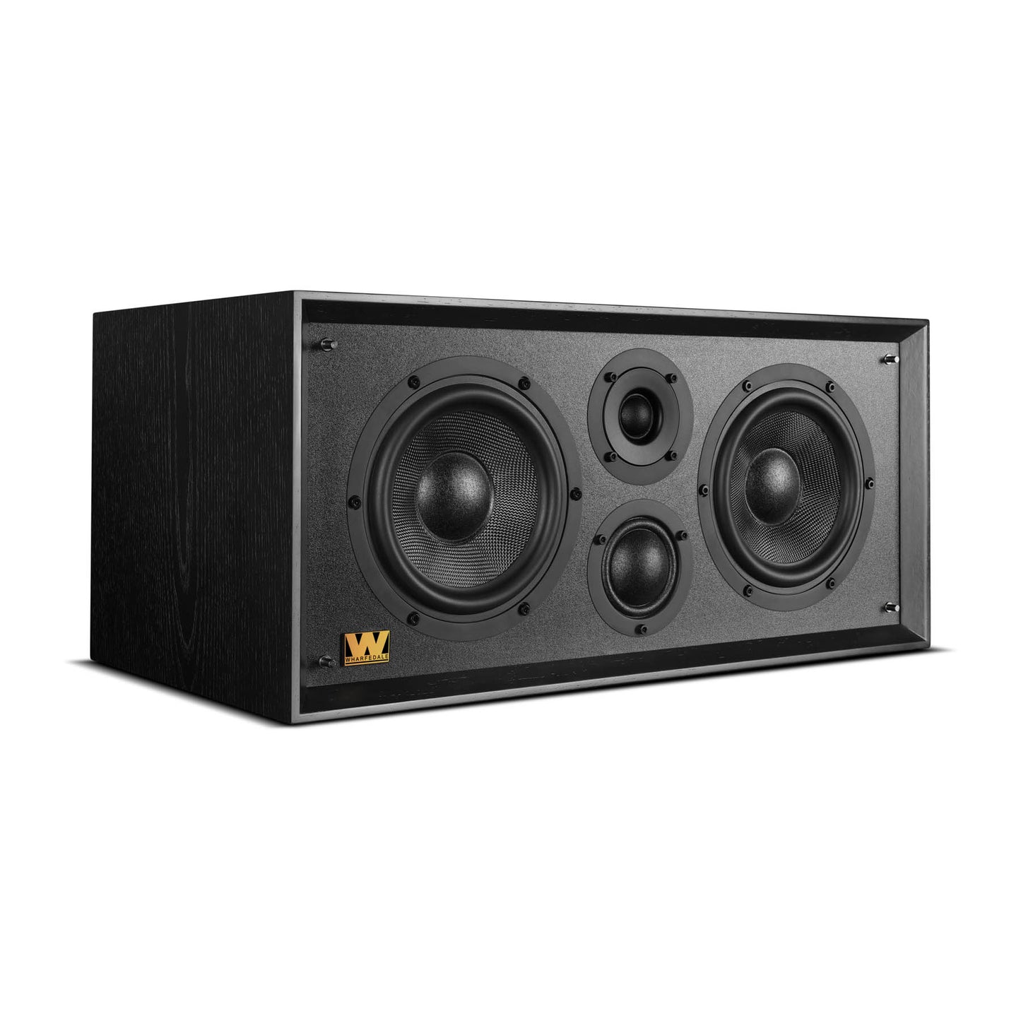 Front angle of black Wharfedale Heritage Centre Loudspeaker with no grille