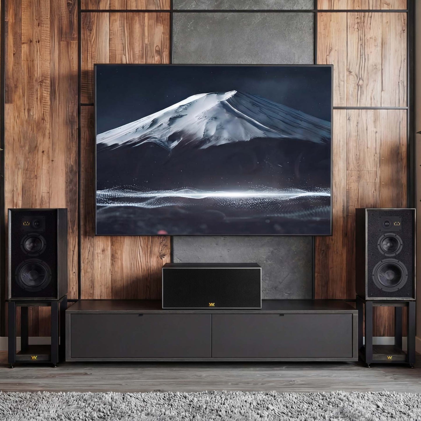 Modern home theater setup with a large TV displaying a mountain scene, flanked by speakers on a wooden wall.