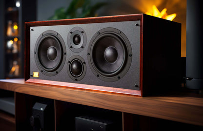 Mahogany Wharfedale Heritage Centre Loudspeaker sitting on timber shelf
