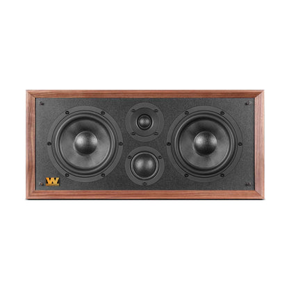 Front of walnut Wharfedale Heritage Centre Loudspeaker on white background