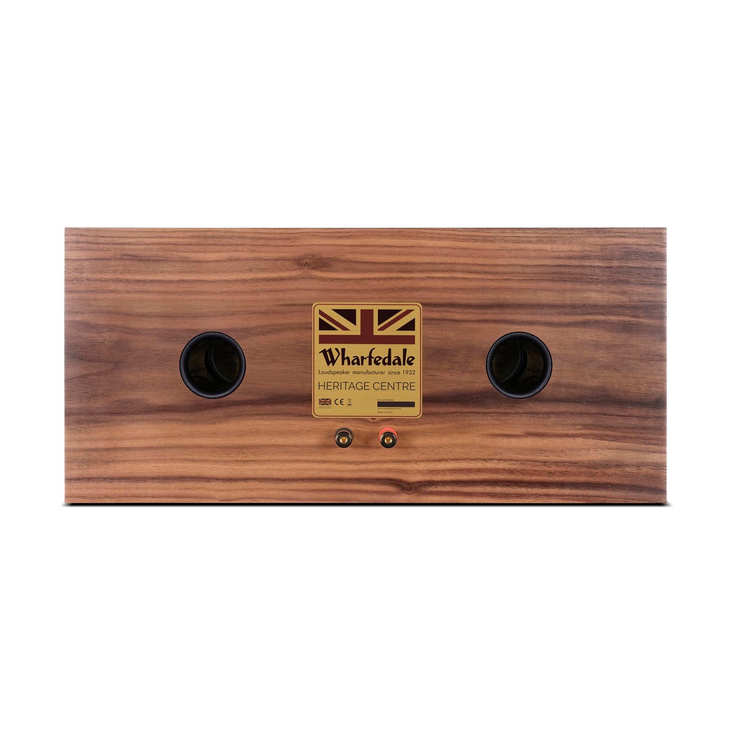 Back view of walnut Wharfedale Heritage Centre Loudspeaker on white background